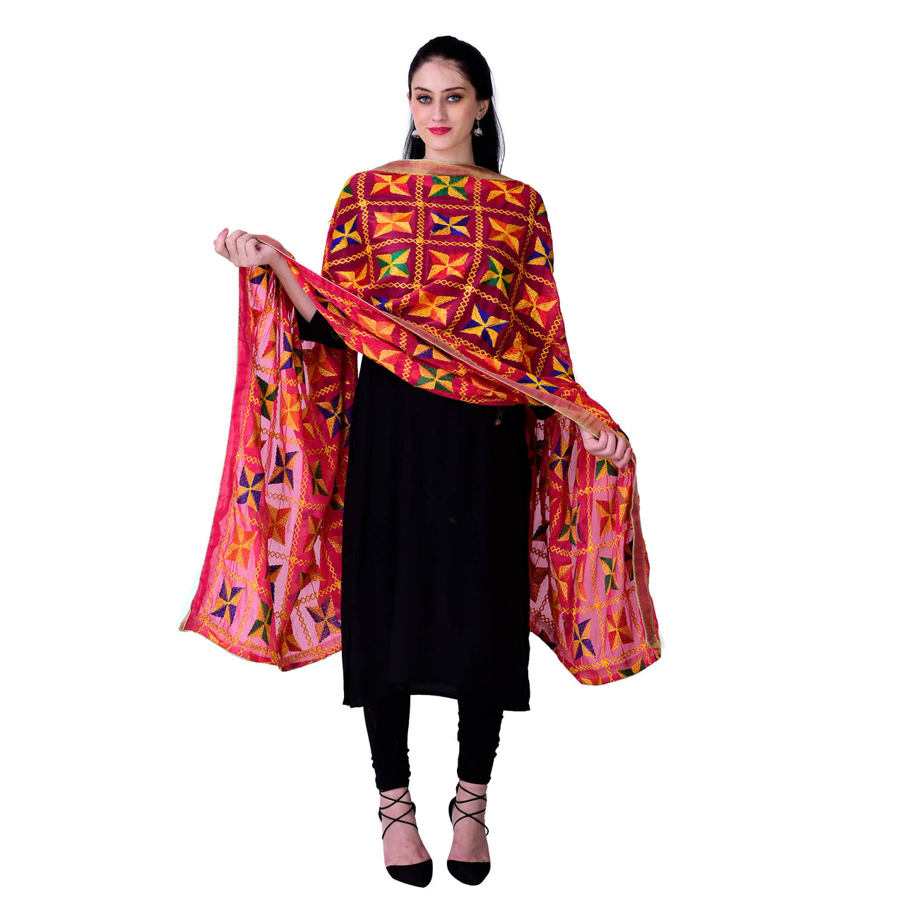 SWI Stylish Women's Embroidered Phulkari Chiffon Magenta Dupatta