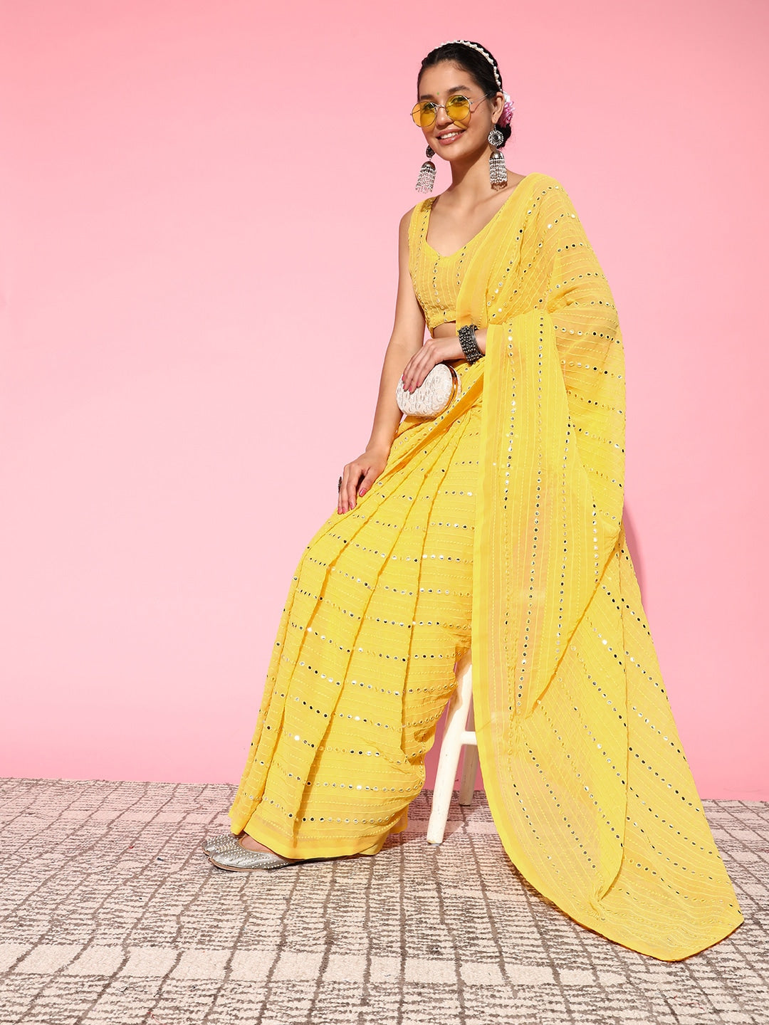 Mitera Embellished Mirror Work Pure Georgette Saree - Distacart