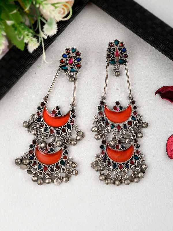 Shoshaa Silver-Plated Oxidised Multi Stones Drop Earrings - Distacart