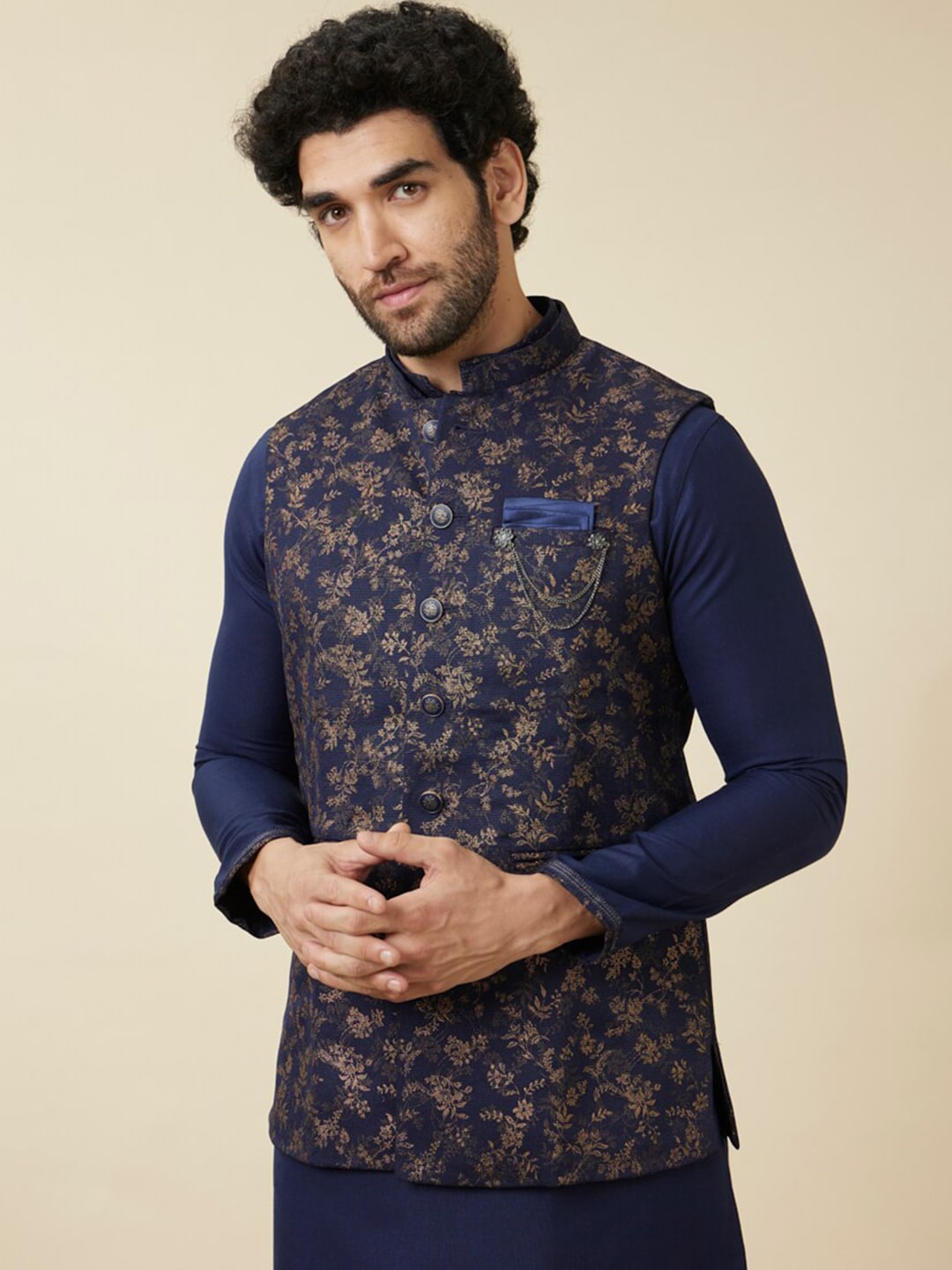 Manyavar Mandarin Collar Regular Kurta With Pyjamas & Nehru Jacket - Distacart
