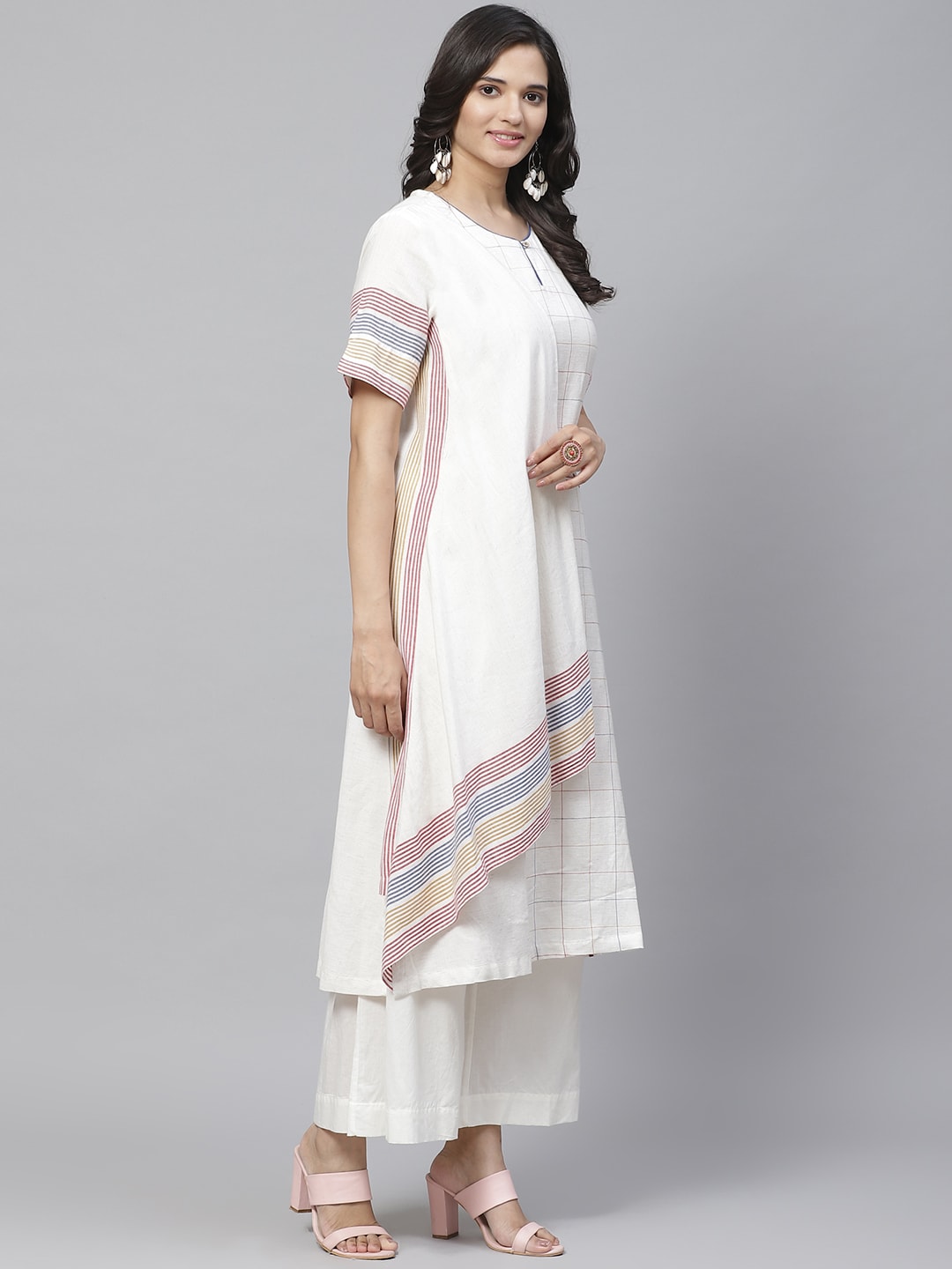 Biba Women Off-White & Blue Checked Layered Kurta with Palazzos - Distacart