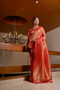 Thumbnail for Vardha Red Rose Golden Zari Kanjeevaram Silk Saree