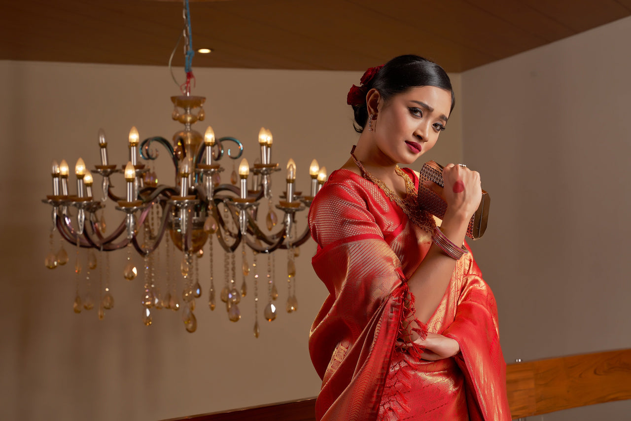 Vardha Red Rose Golden Zari Kanjeevaram Silk Saree
