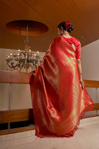 Thumbnail for Vardha Red Rose Golden Zari Kanjeevaram Silk Saree