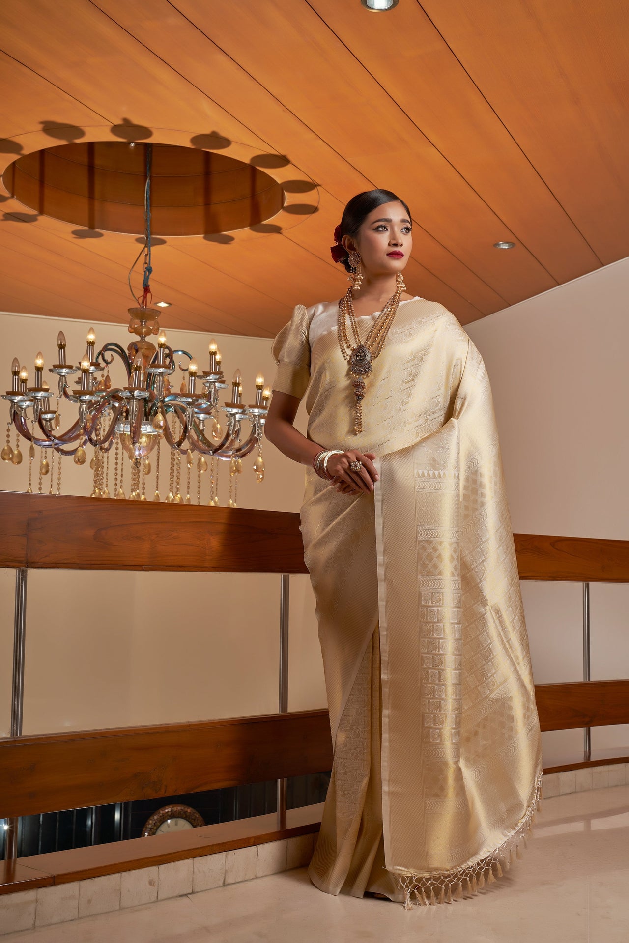 Vardha Ivory White Golden Zari Kanjeevaram Silk Saree