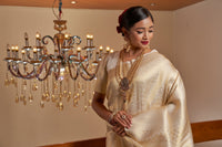 Thumbnail for Vardha Ivory White Golden Zari Kanjeevaram Silk Saree