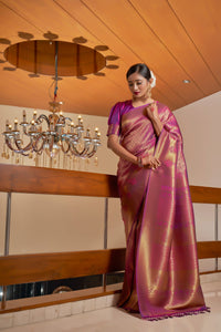 Thumbnail for Vardha Mauve Wine Golden Zari Kanjeevaram Silk Saree