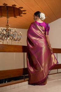 Thumbnail for Vardha Mauve Wine Golden Zari Kanjeevaram Silk Saree