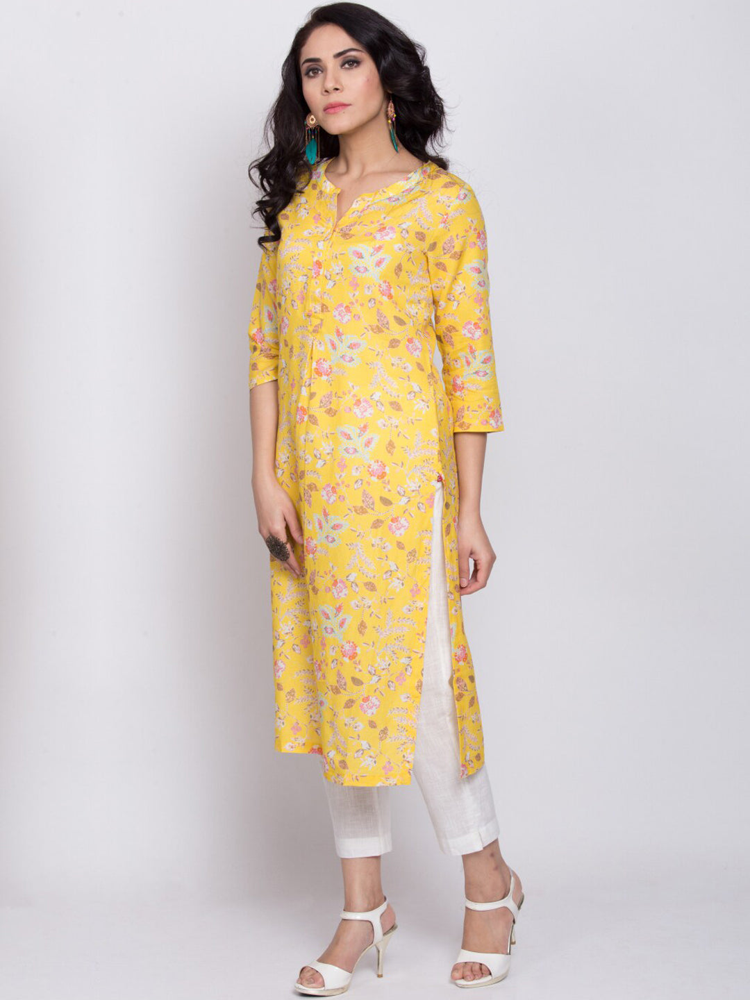 Biba Women Yellow Printed Straight Kurta - Distacart