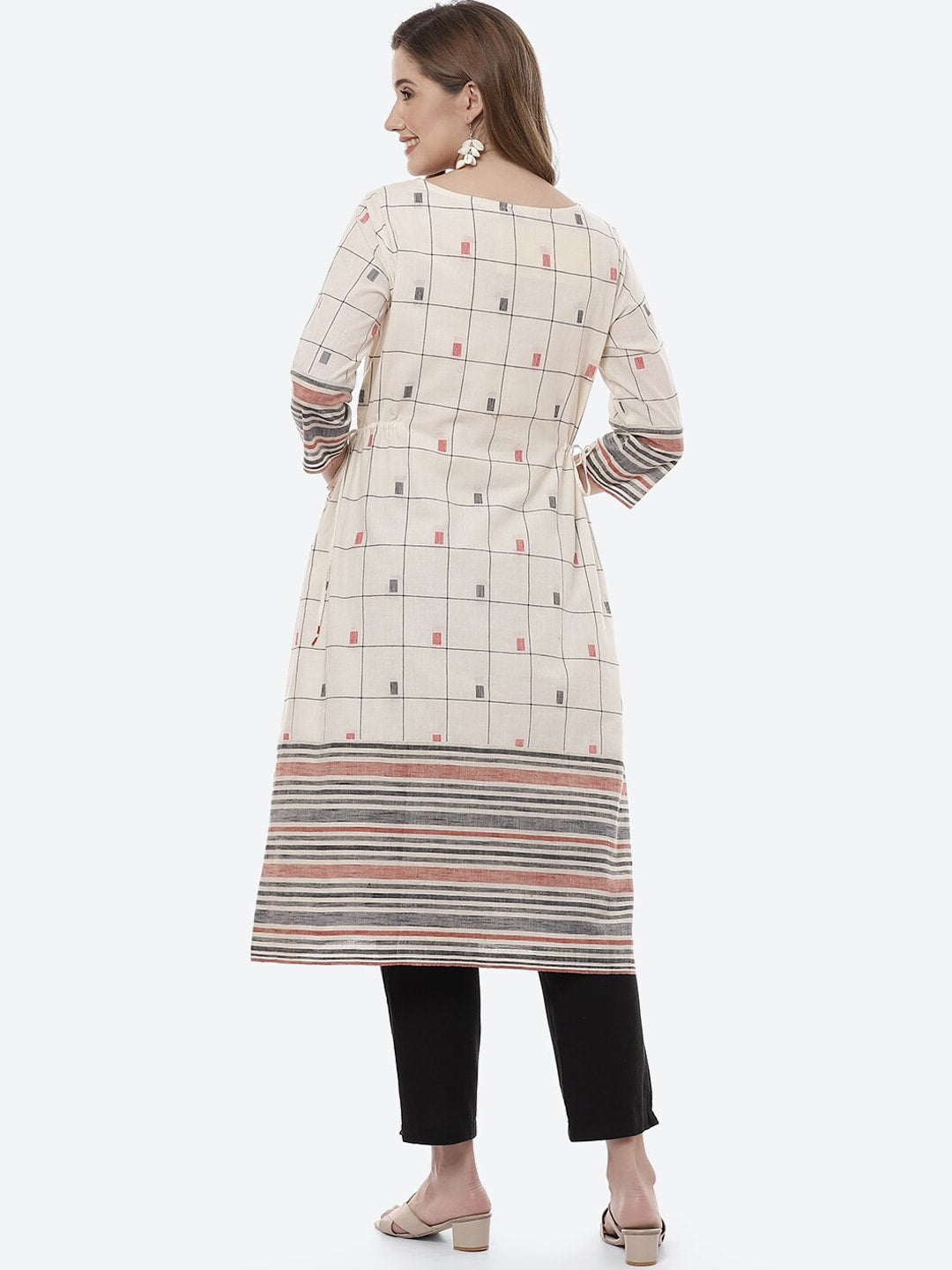 Biba Women Off White & Black Geometric Printed Cotton Kurta - Distacart