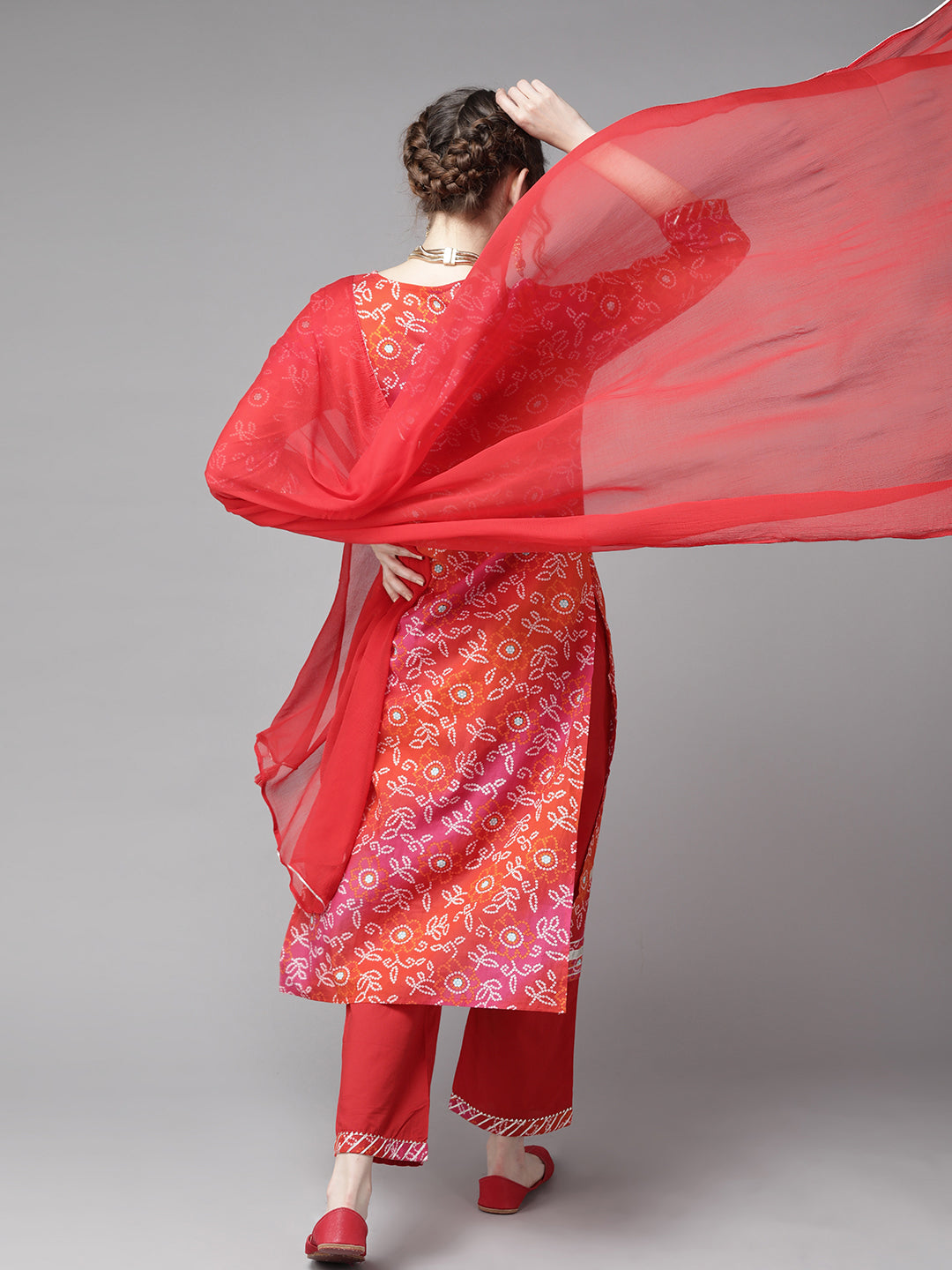 Ishin Women Red & White Printed Cotton Bandhani Kurta Palazzos & Dupatta with Zari - Distacart