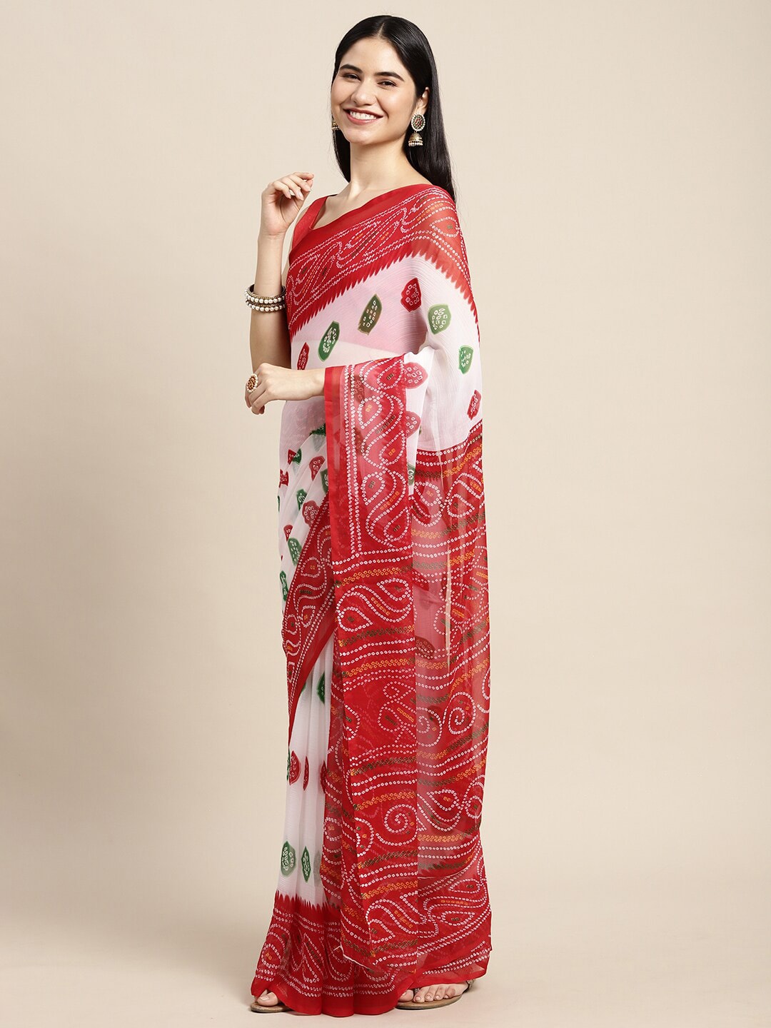 Saree Mall White & Red Printed Bandhani Sarees - Distacart