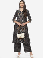 Thumbnail for Biba Women Black Floral Printed Pure Cotton Kurta with Palazzos - Distacart