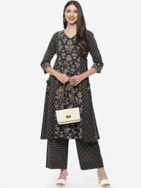 Thumbnail for Biba Women Black Floral Printed Pure Cotton Kurta with Palazzos - Distacart
