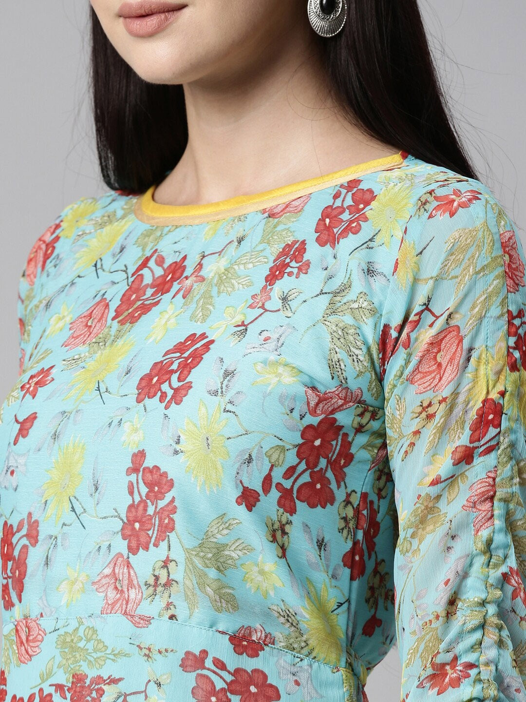 Souchii Blue Floral Printed Chiffon A-Line Midi Dress - Distacart