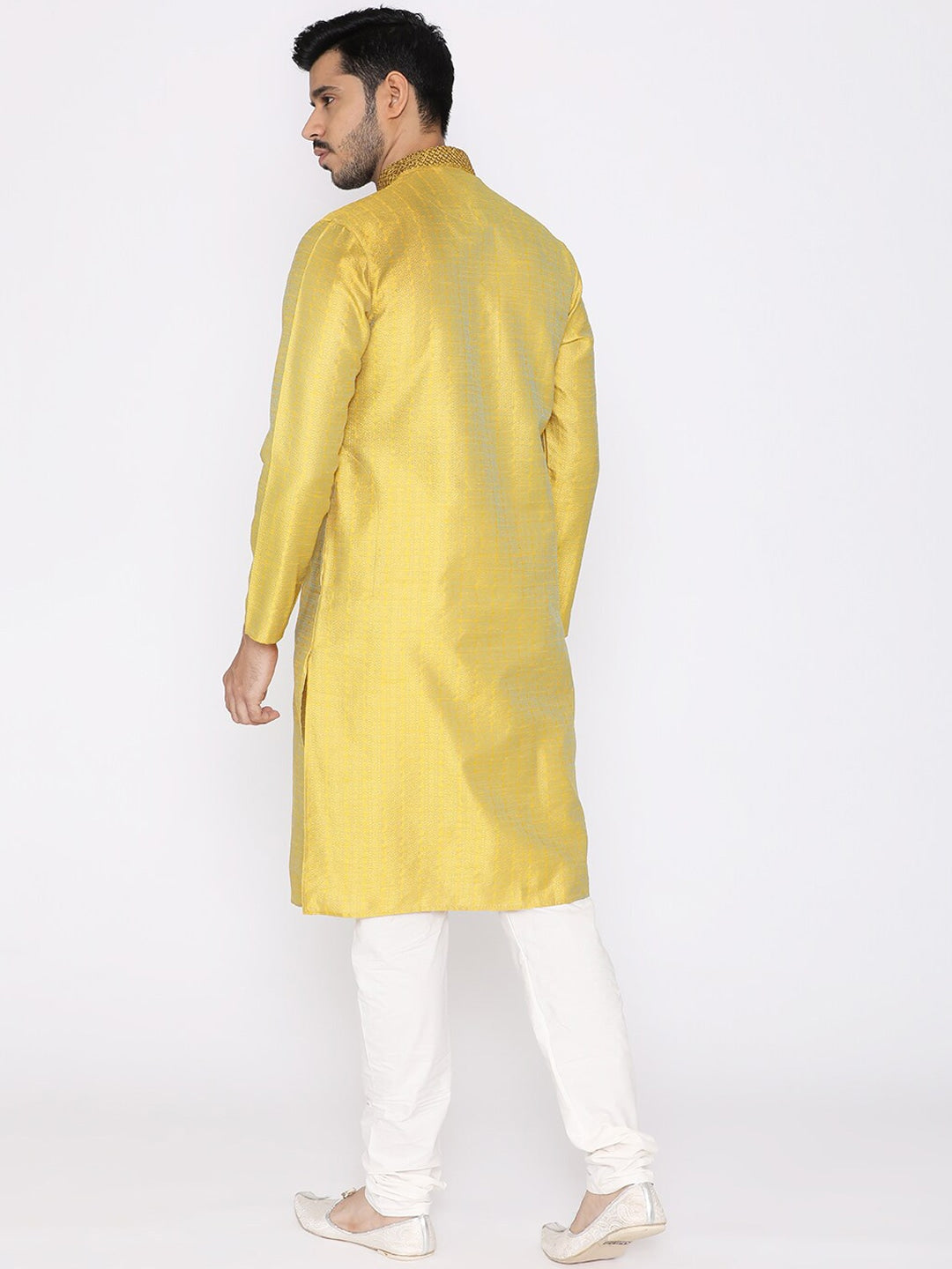 Manyavar Men Yellow & White Self Design Kurta with Churidar - Distacart