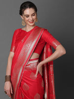 Thumbnail for Mitera Red & Silver-Coloured Ethnic Motifs Zari Woven Design Silk Blend Banarasi Saree - Distacart