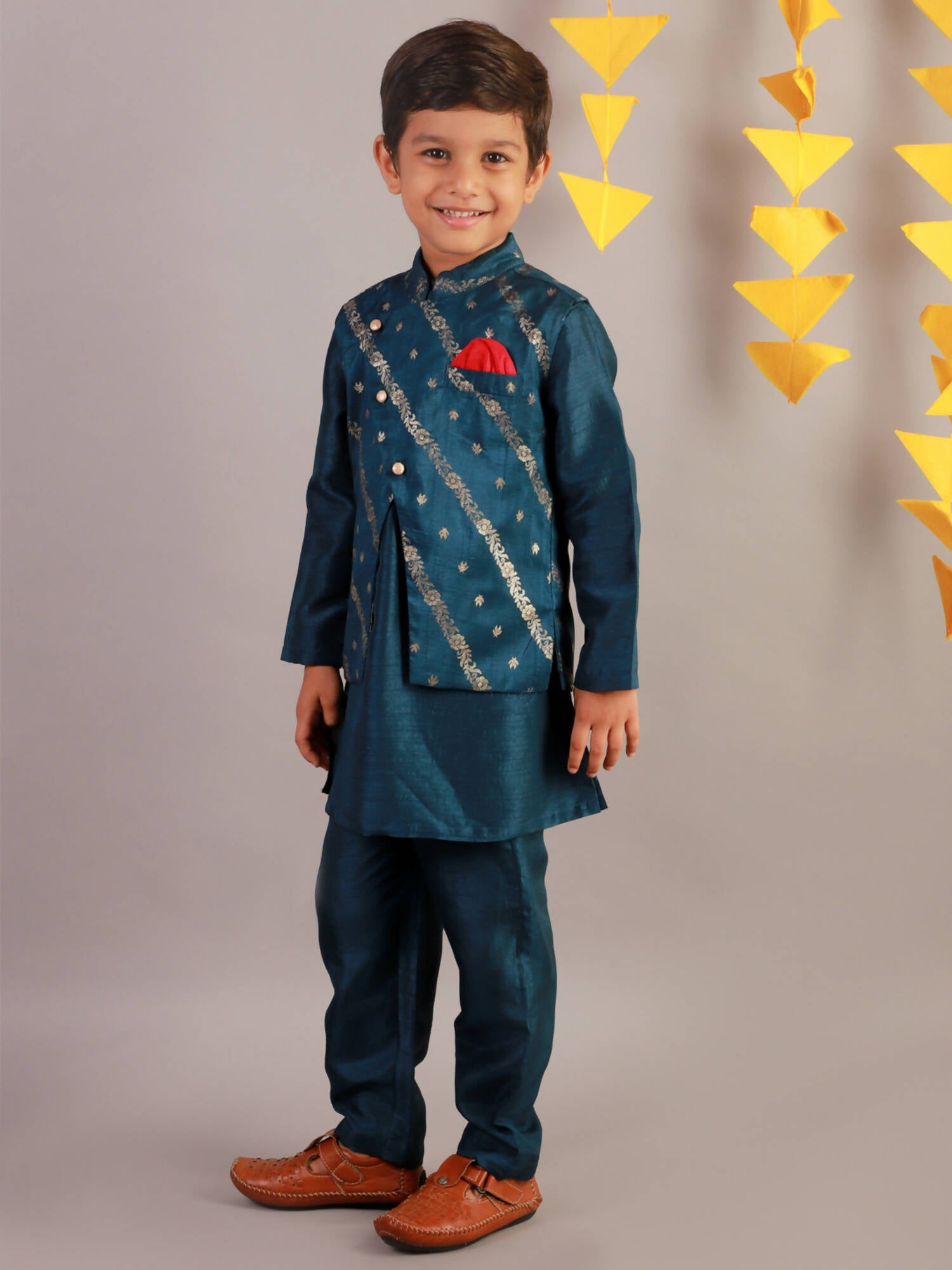 Lil Drama Boys Kurta Pyjama With Jacket Set - Teal Blue - Distacart