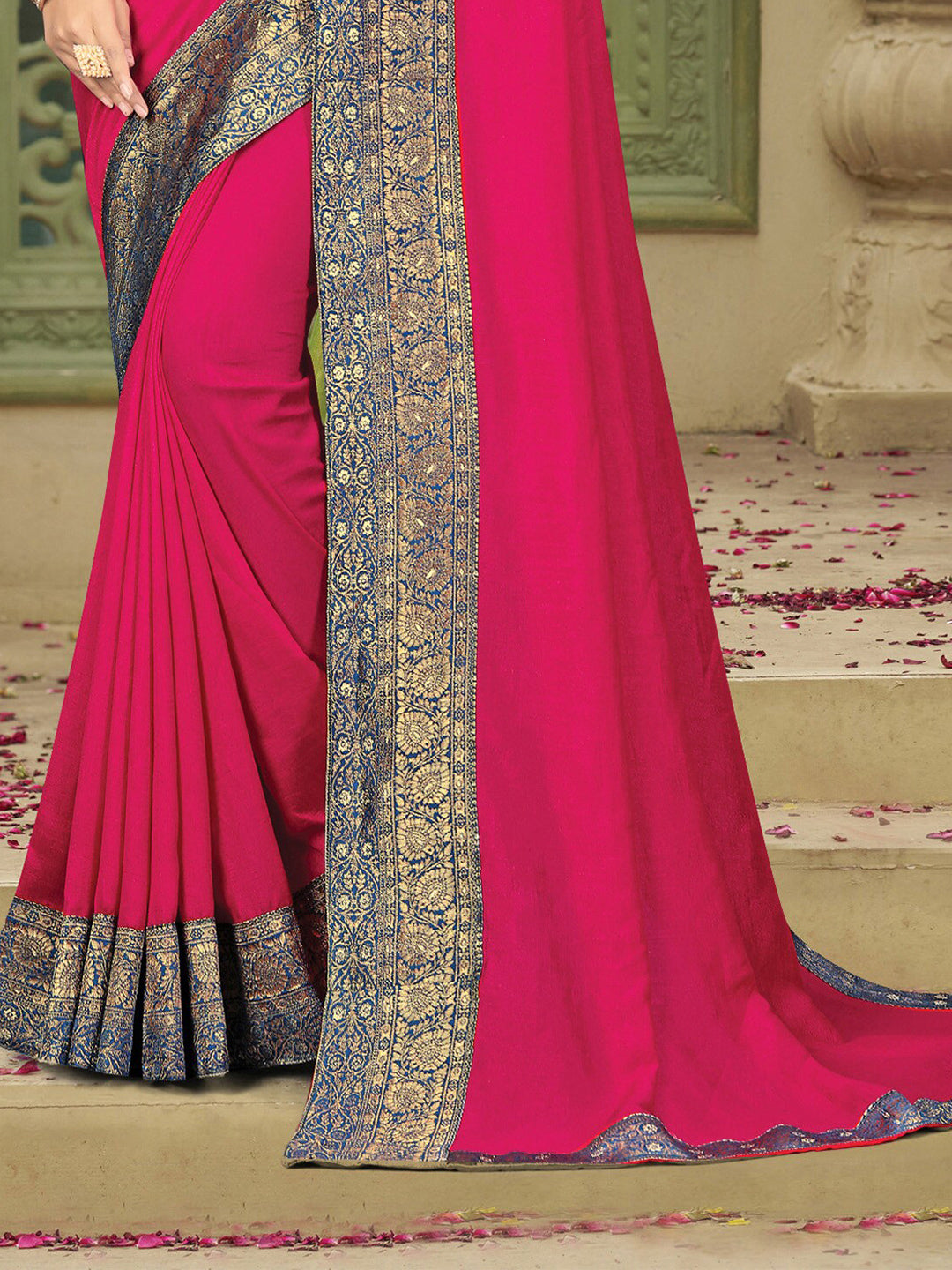 Kalini Pink & Teal Woven Design Zari Kanjeevaram Saree - Distacart