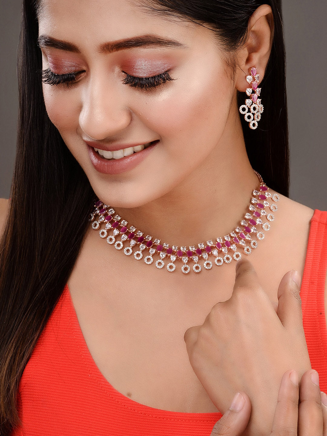 Saraf RS Jewellery Rose Gold-Plated Red AD-Studded Jewellery Set - Distacart