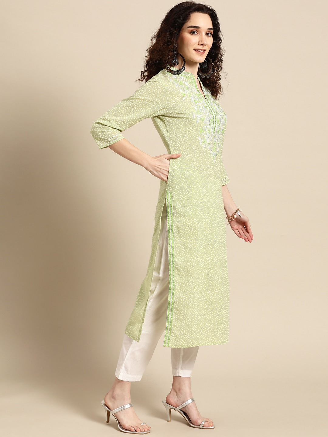 Sangria Women Green Floral Yoke Design Thread Work Pastels Kurta - Distacart