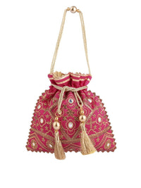 Thumbnail for Masq Pink & Gold-Toned Embroidered Potli Clutch - Distacart