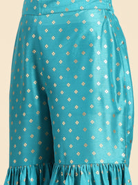 Thumbnail for Sangria Women Blue & Golden Ethnic Motifs Printed Kurta with Sharara & Dupatta - Distacart
