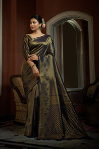 Thumbnail for Vardha Oxford Blue Golden Zari Kanjeevaram Silk Saree