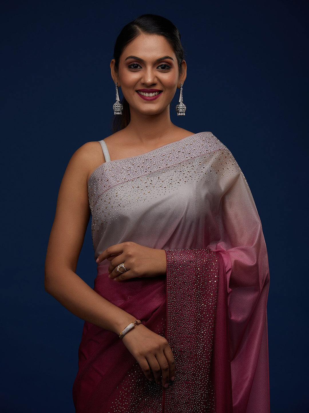 Koskii Maroon & Silver-Toned Ombre Embroidered Tissue Saree - Distacart