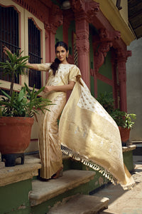 Thumbnail for Vardha Ivory White Golden Zari Banarasi Satin Silk Saree
