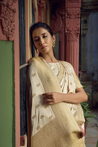 Thumbnail for Vardha Ivory White Golden Zari Banarasi Satin Silk Saree