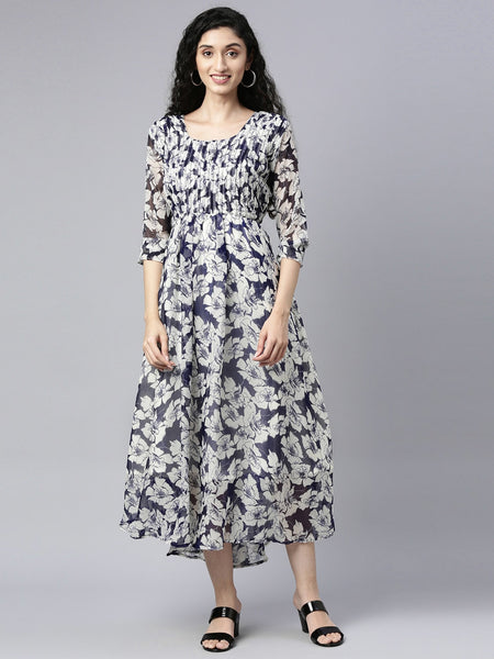 Souchii White Floral Layered Chiffon Empire Midi Dress - Distacart