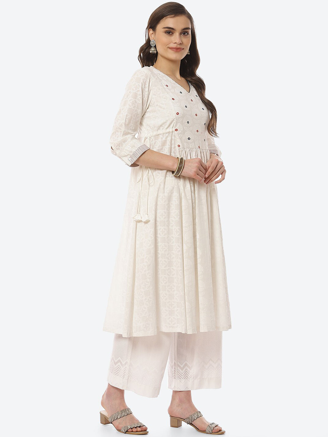 Biba Women White Printed Mirror Work Pure Cotton Kurta with Trousers & Dupatta - Distacart