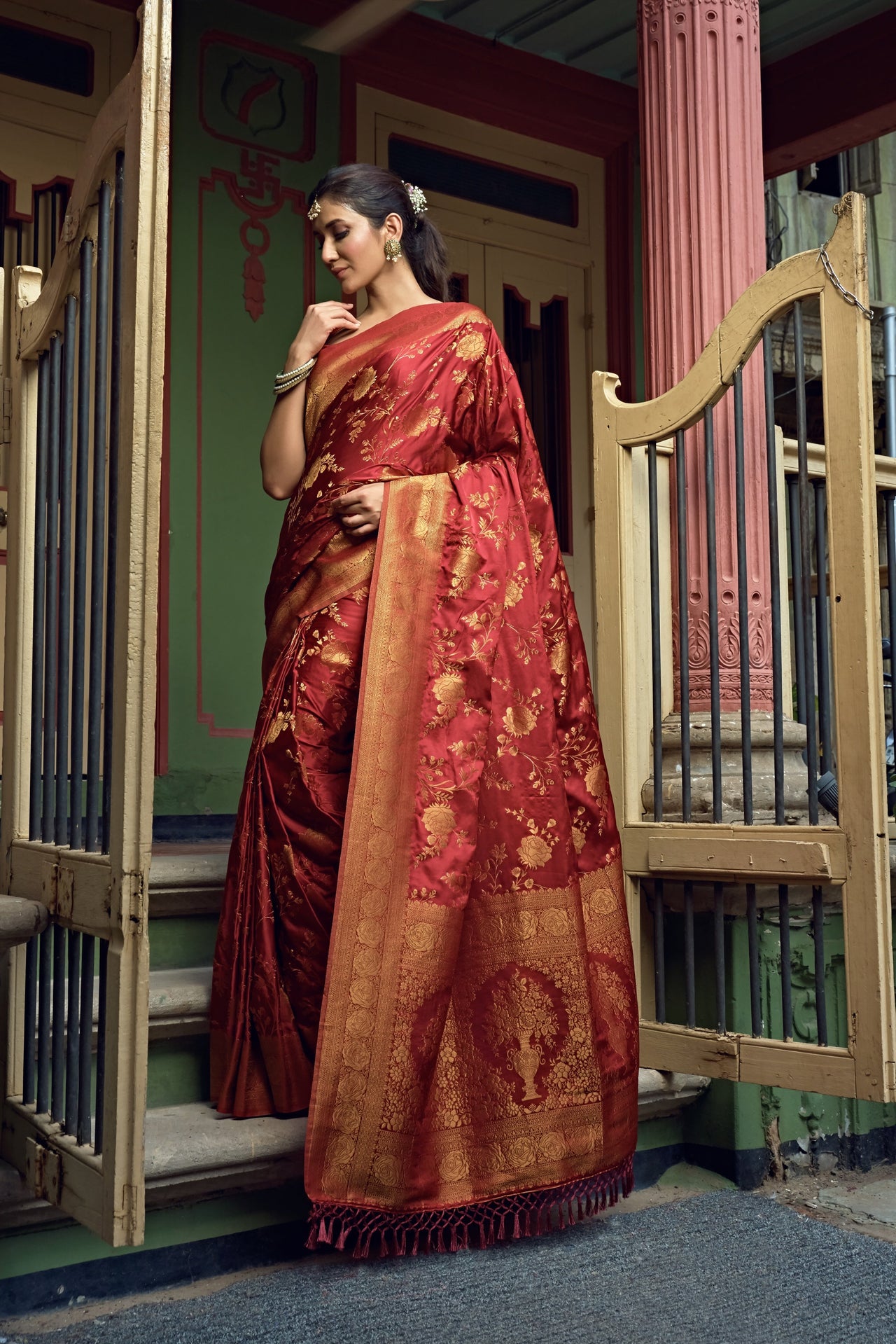 Vardha Ruby Red Golden Zari Banarasi Satin Silk Saree