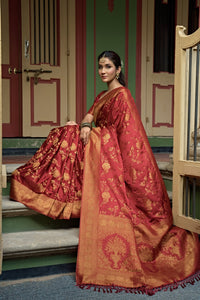 Thumbnail for Vardha Ruby Red Golden Zari Banarasi Satin Silk Saree