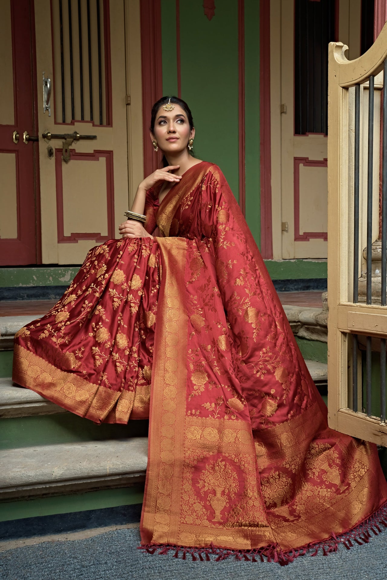 Vardha Ruby Red Golden Zari Banarasi Satin Silk Saree