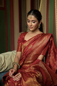 Thumbnail for Vardha Ruby Red Golden Zari Banarasi Satin Silk Saree