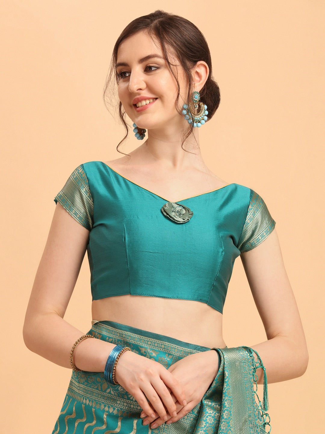 Mitera Green & Gold-Toned Silk Blend Fusion Leheriya Saree - Distacart