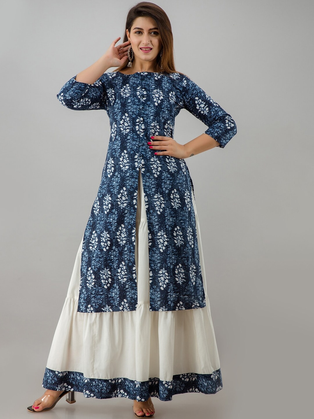 HERE&NOW Blue & White Boat Neck Floral Printed Kurta with Skirt - Distacart