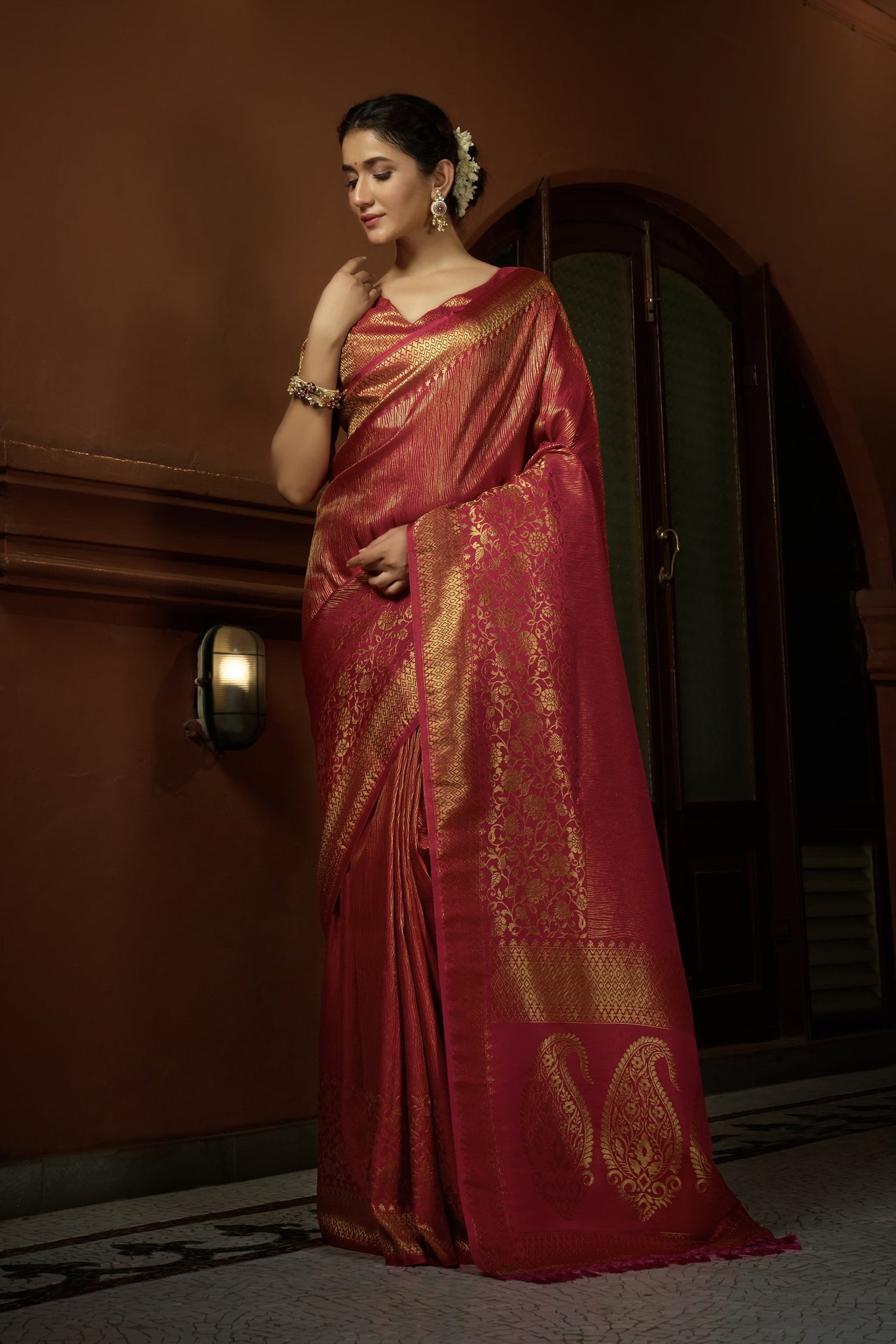 Vardha Carmine Red Golden Zari Kanjeevaram Silk Saree