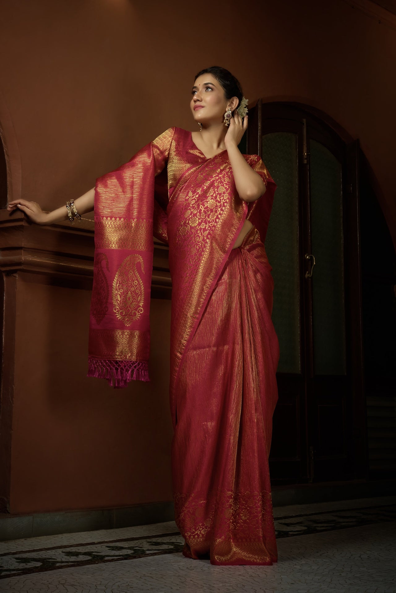 Vardha Carmine Red Golden Zari Kanjeevaram Silk Saree