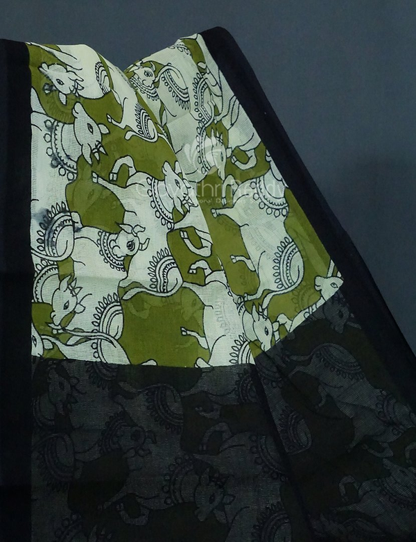 Shades of Mehndi Green And Black With Pichwai Print Munga Cotton Saree By Gayathri Reddy Designer Studio - Distacart