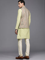 Thumbnail for Manyavar Men Green & Off-White Solid Kurta & Churidar with Nehru Jacket - Distacart