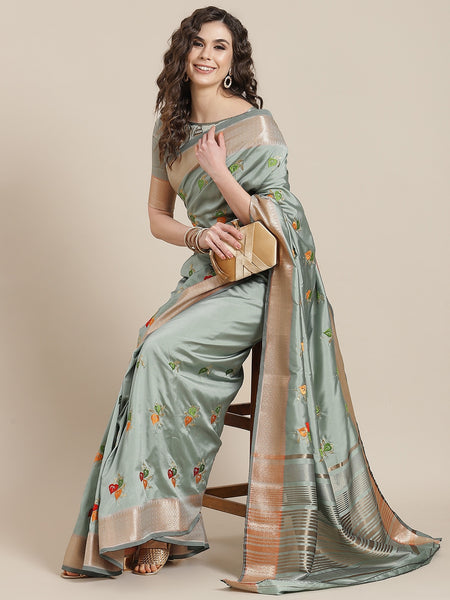 Mitera Blue Floral Embroidered Chanderi Saree - Distacart