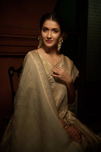 Thumbnail for Vardha Vanilla White Golden Zari Kanjeevaram Silk Saree