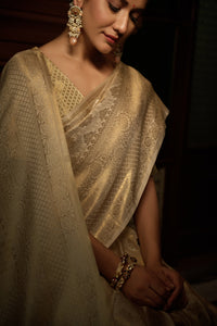 Thumbnail for Vardha Vanilla White Golden Zari Kanjeevaram Silk Saree
