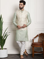 Thumbnail for Sojanya Woven Design Mandarin Collar Kurta with Churidar & Nehru Jacket - Distacart