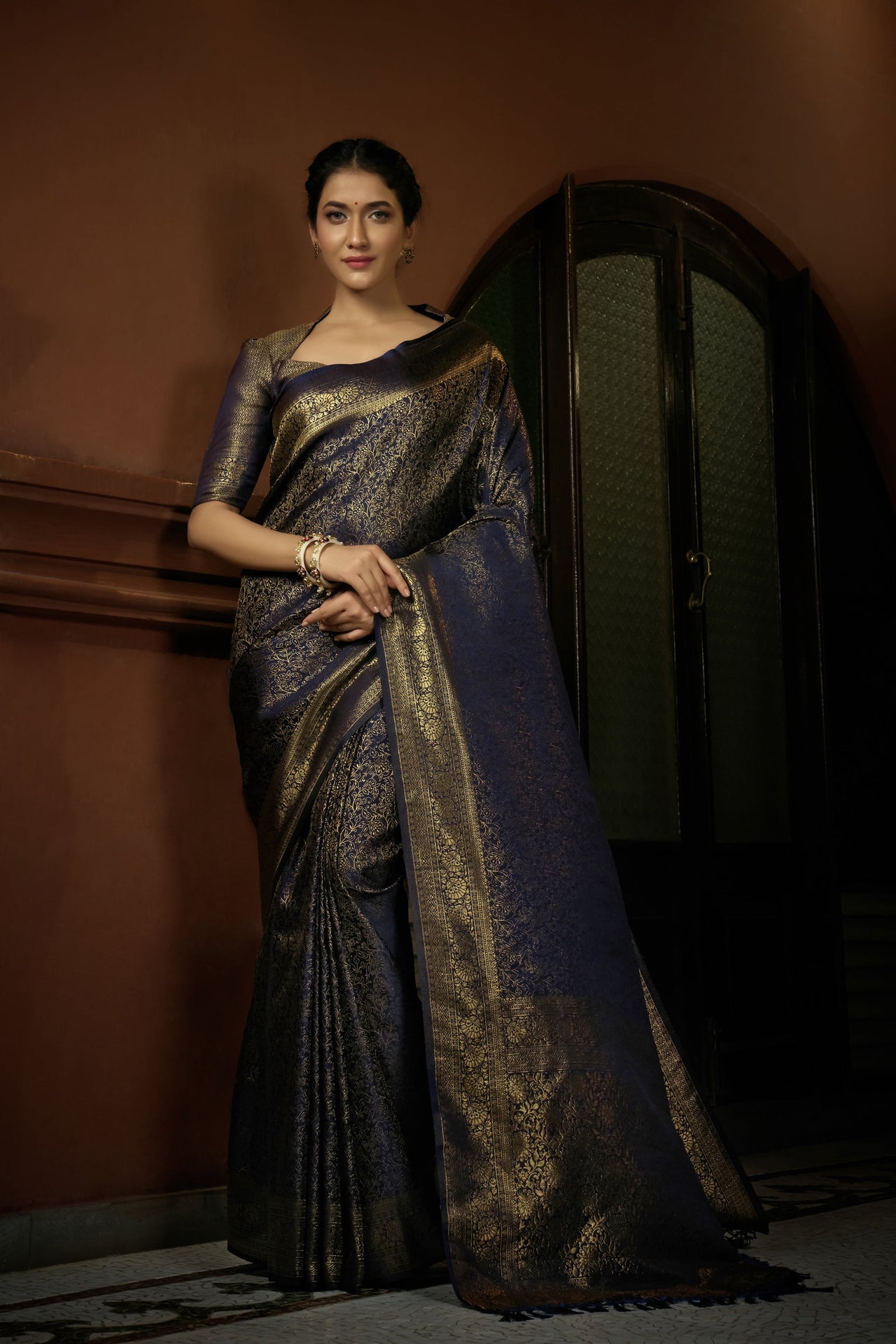 Vardha Prussian Blue Golden Zari Kanjeevaram Silk Saree