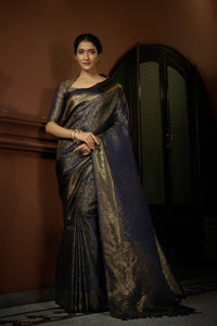 Thumbnail for Vardha Prussian Blue Golden Zari Kanjeevaram Silk Saree