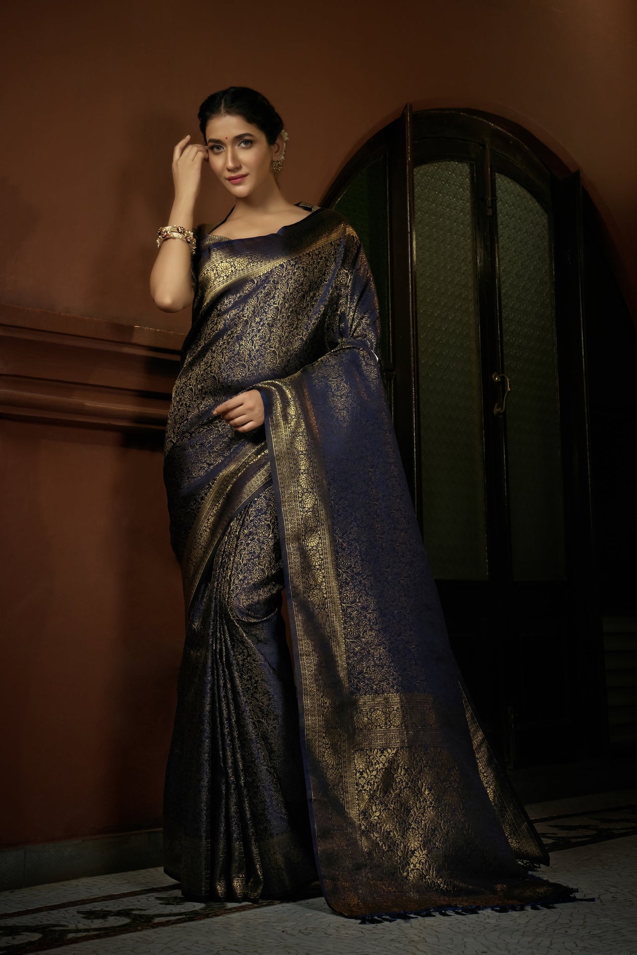 Vardha Prussian Blue Golden Zari Kanjeevaram Silk Saree